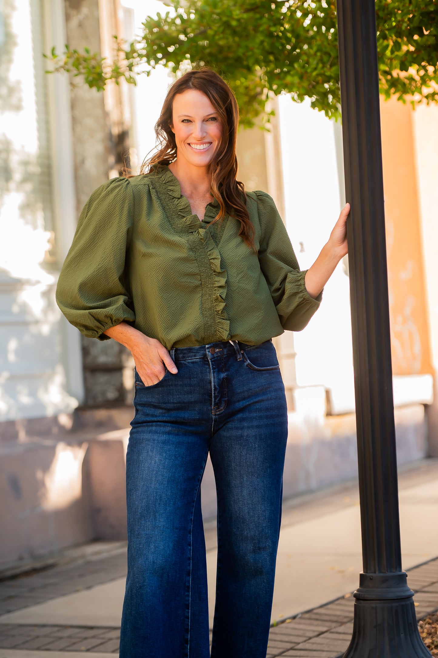 Channing Ruffle Trim Top- Olive