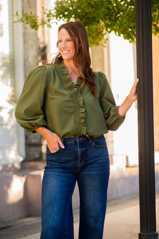 Channing Ruffle Trim Top- Olive