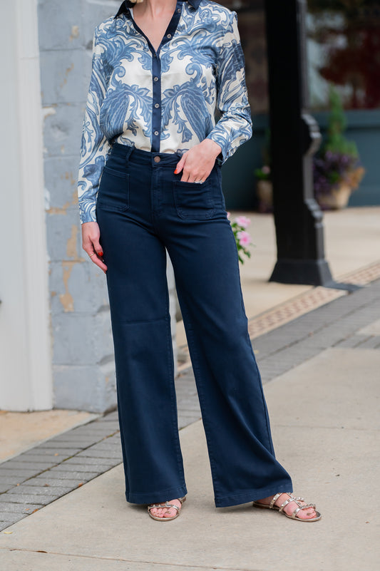 Mimi Mini Patch Pocket Wide Leg Jeans Navy