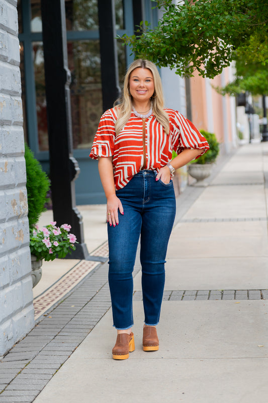 Eugenia Geometric Print Top-Rust