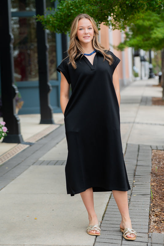 Rewind Time Black Collared Midi Dress