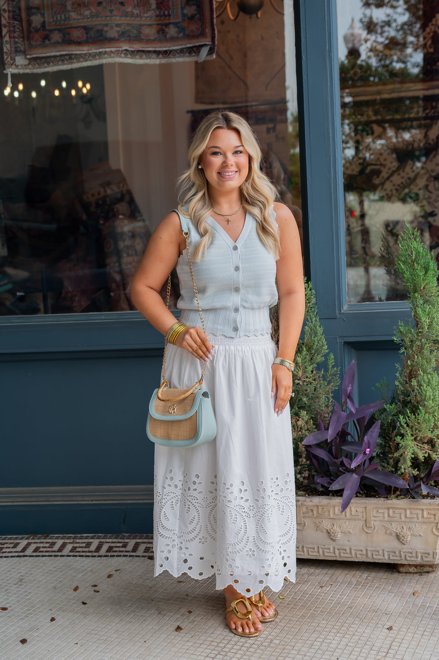 Skye Knit Button Up Vest-Powder Blue