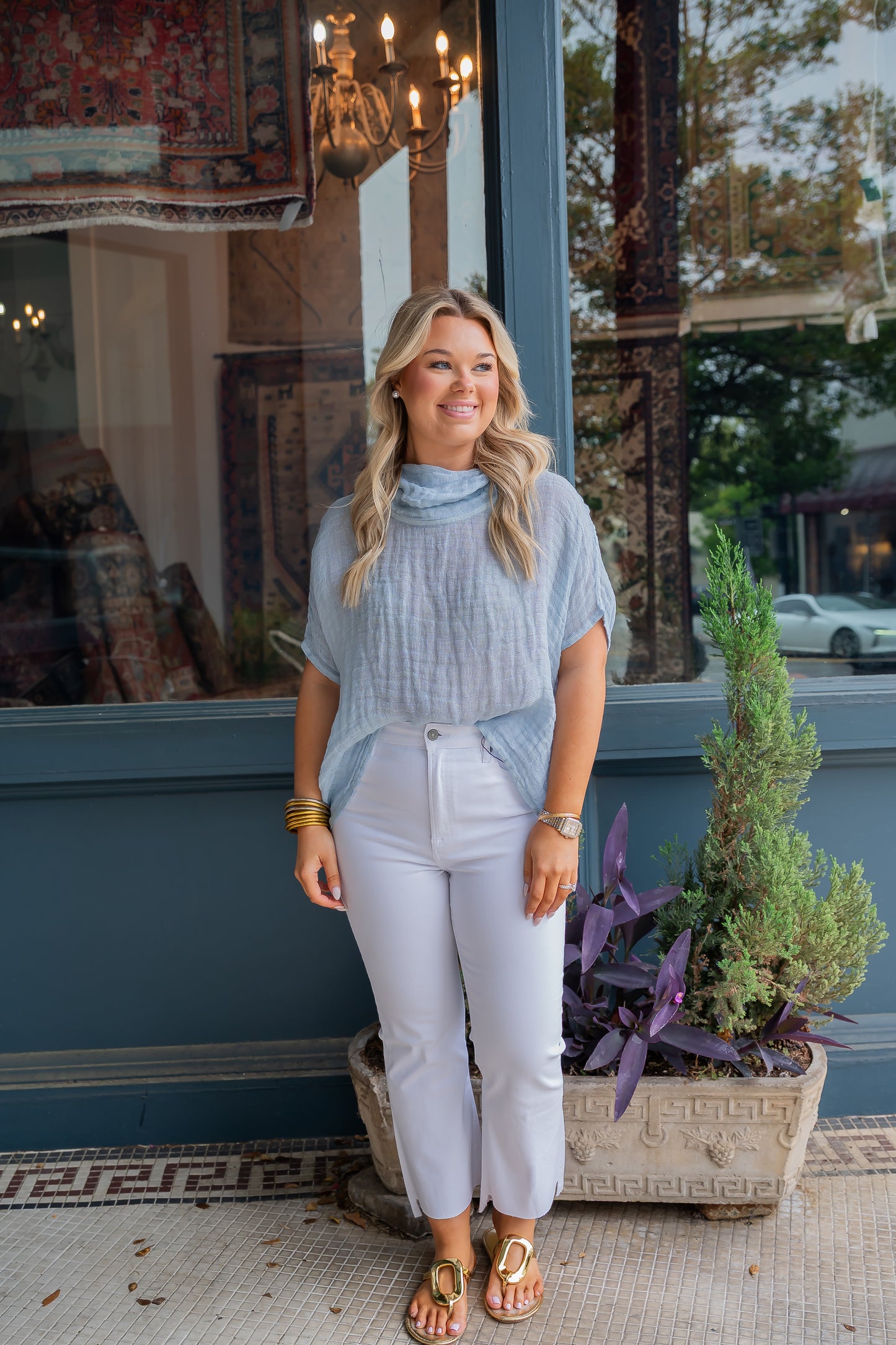 Summit Cowl Neck Top-Sky Blue