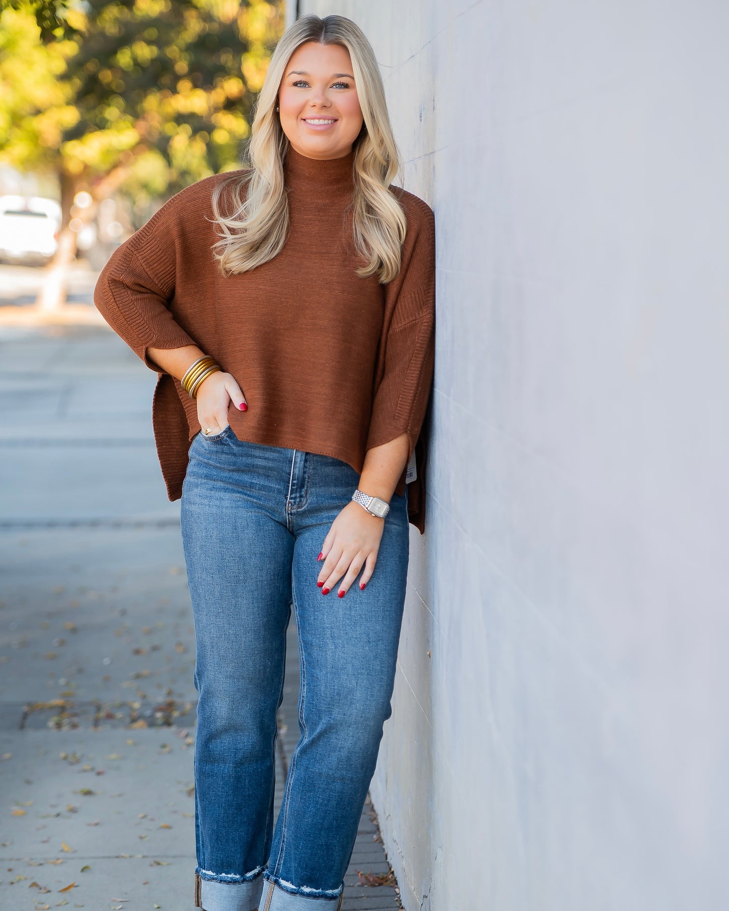 Boho Mock Neck Sweater - Brown
