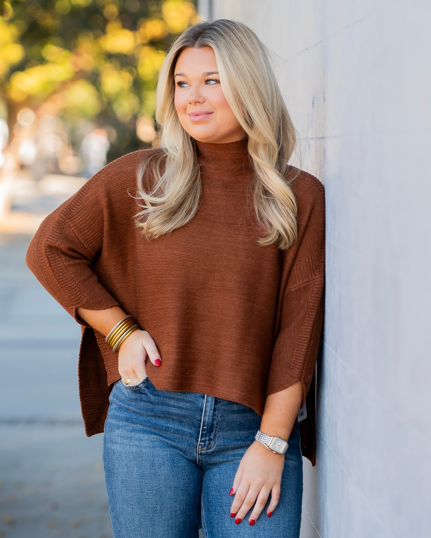 Boho Mock Neck Sweater - Brown