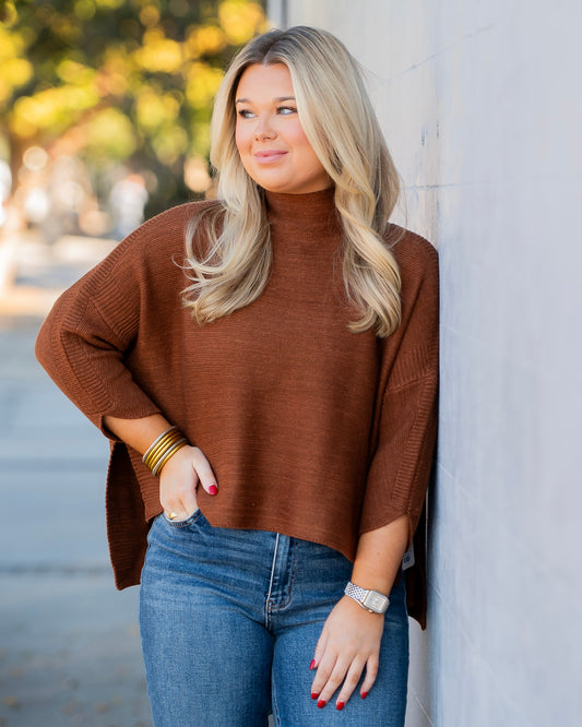 Boho Mock Neck Sweater - Brown