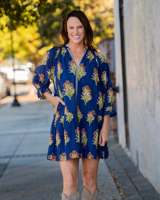 Riley Floral Print Dress-Navy