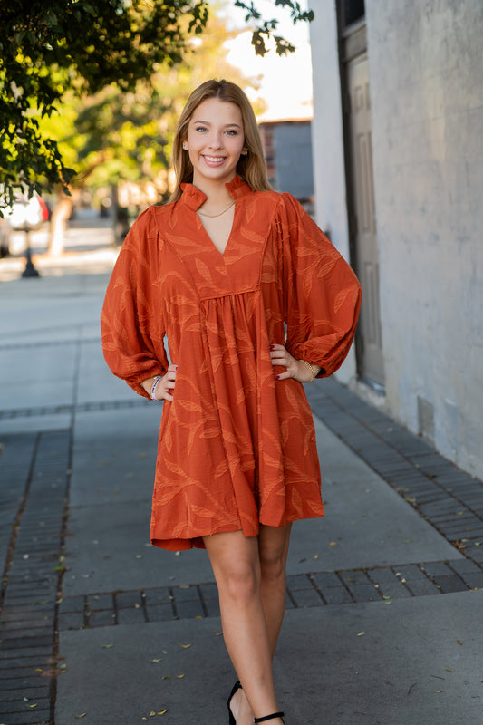 Steffi Jacquard Ruffle Neck Dress- Rust