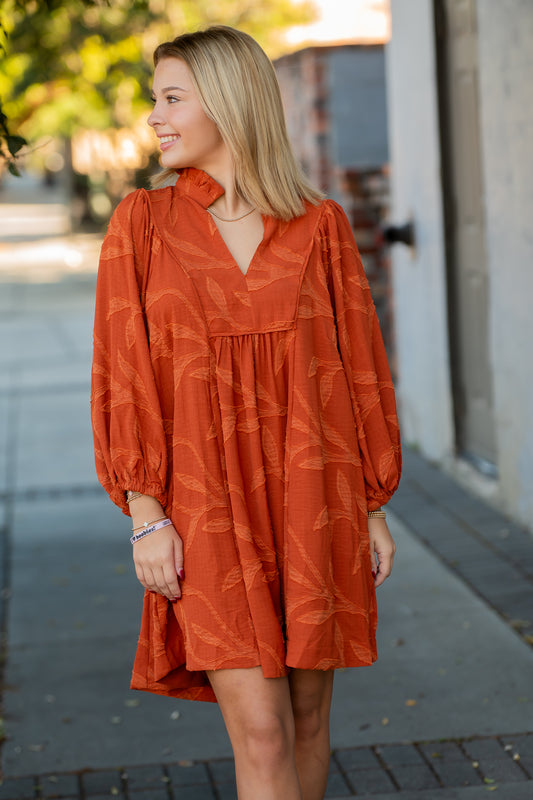 Steffi Jacquard Ruffle Neck Dress- Rust