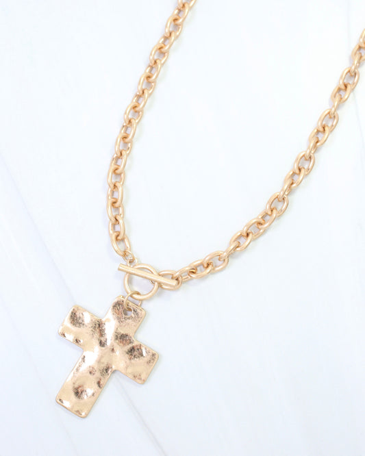 Celeste Hammered Cross Toggle Necklace Worn Gold