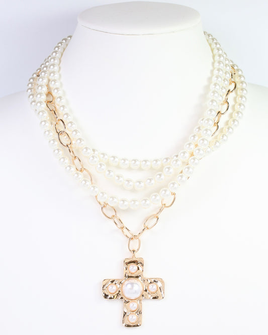 Dylan Pearl Cross Layered Necklace Gold