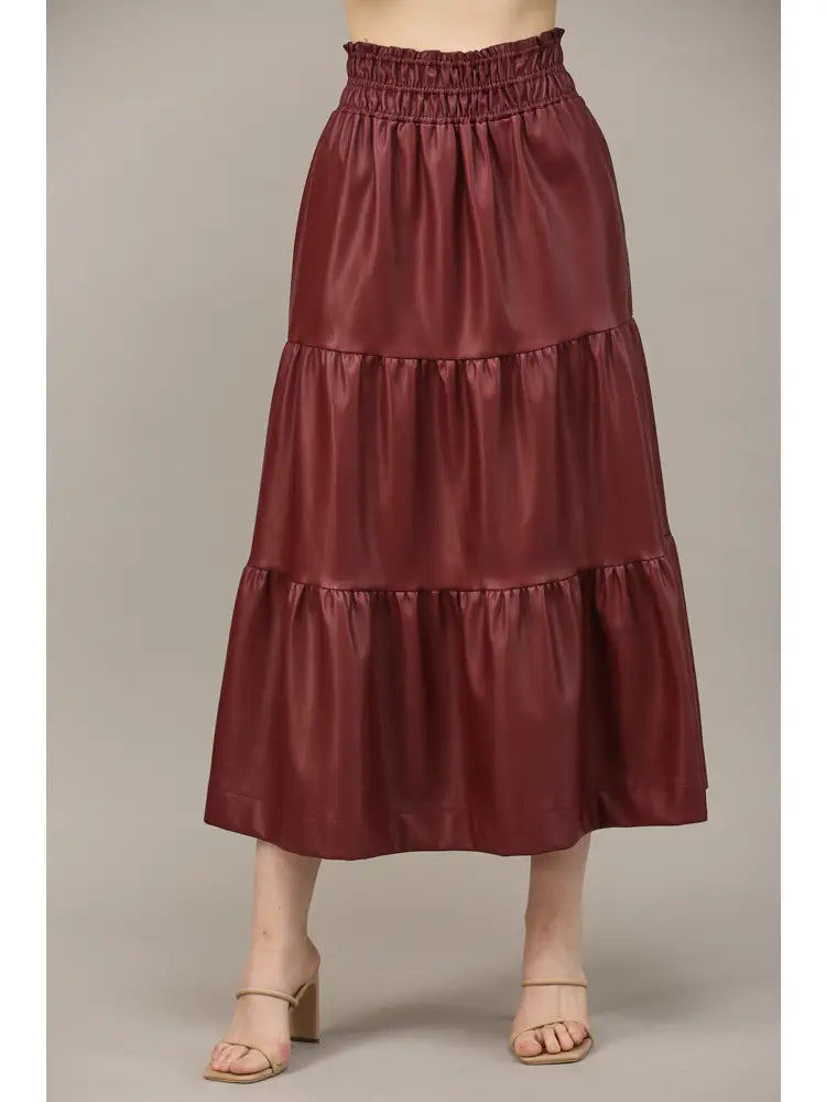 Veronica Faux Leather Burgundy Midi Skirt - Caroline Hill