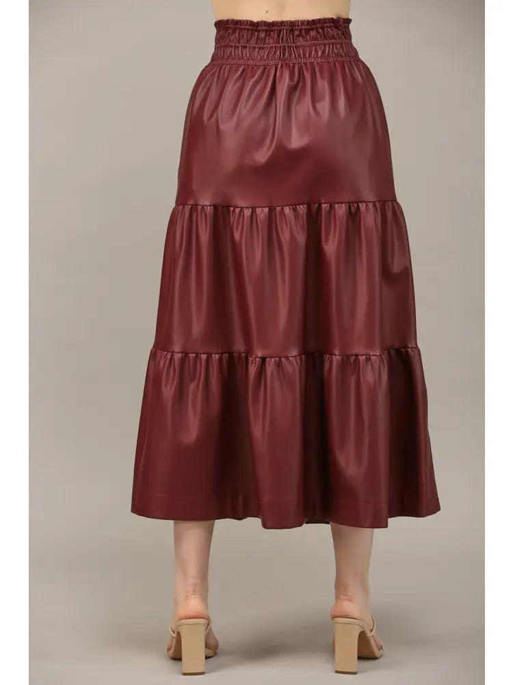 Veronica Faux Leather Burgundy Midi Skirt - Caroline Hill