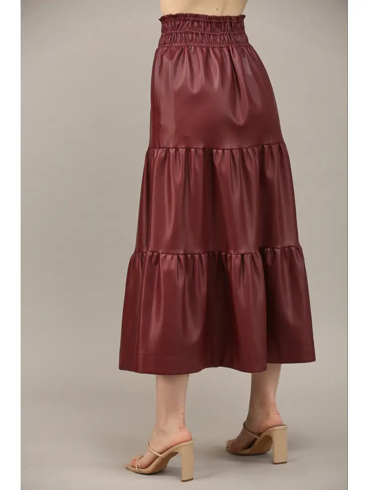 Veronica Faux Leather Burgundy Midi Skirt - Caroline Hill