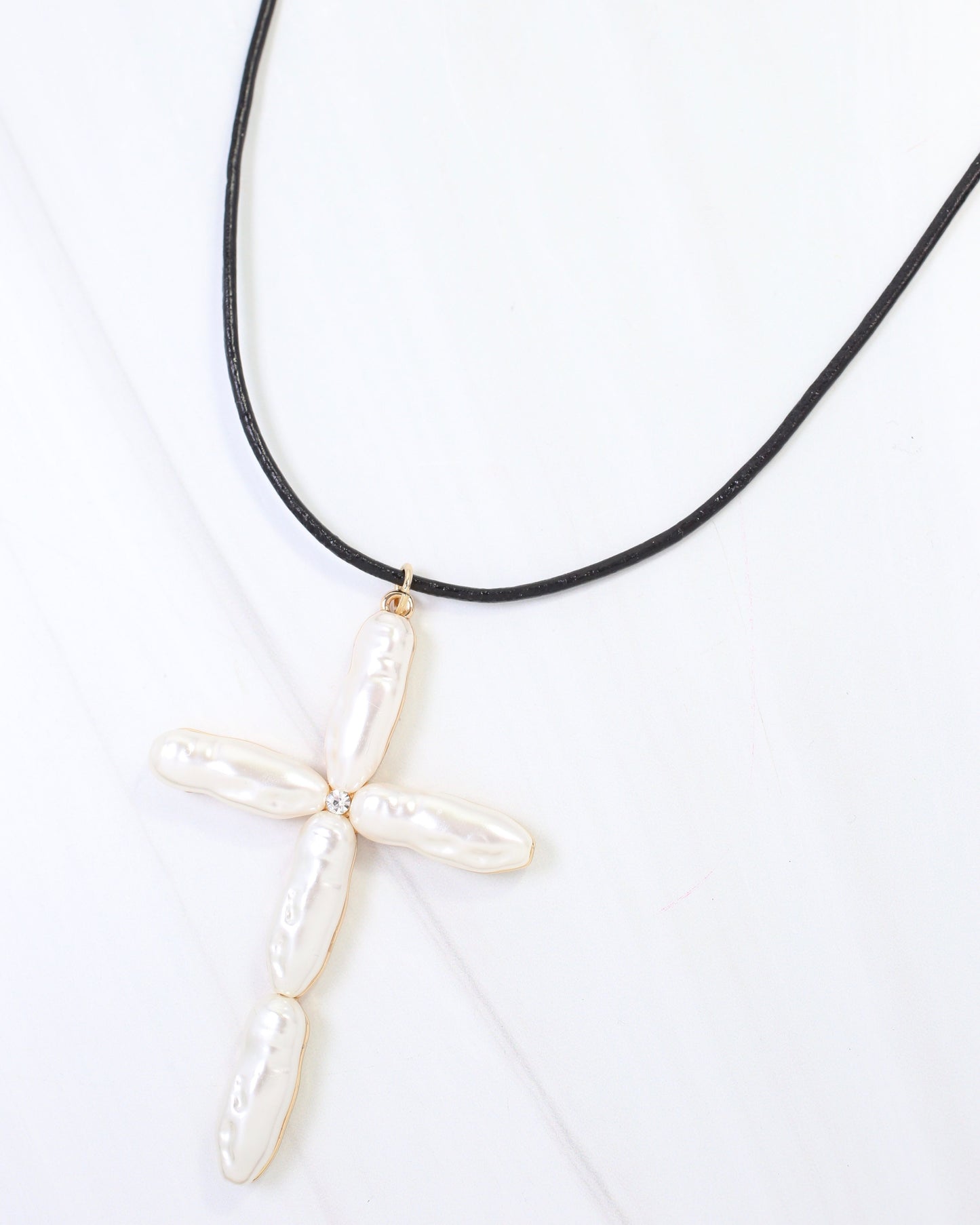 Charlotte Pearl Cross Long Cord Necklace Cream