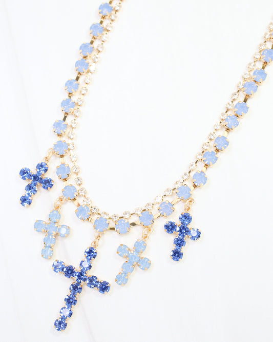 Jenna Multi Cross Rhinestone Necklace Sapphire