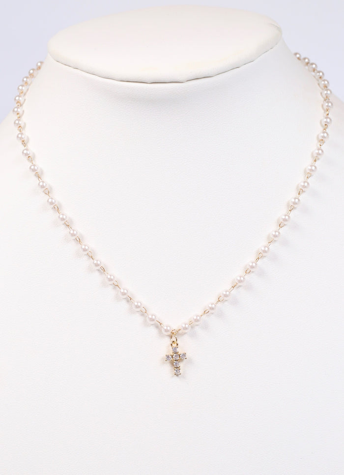 Winfield Pearl Necklace with Cross CREAM - Caroline Hill