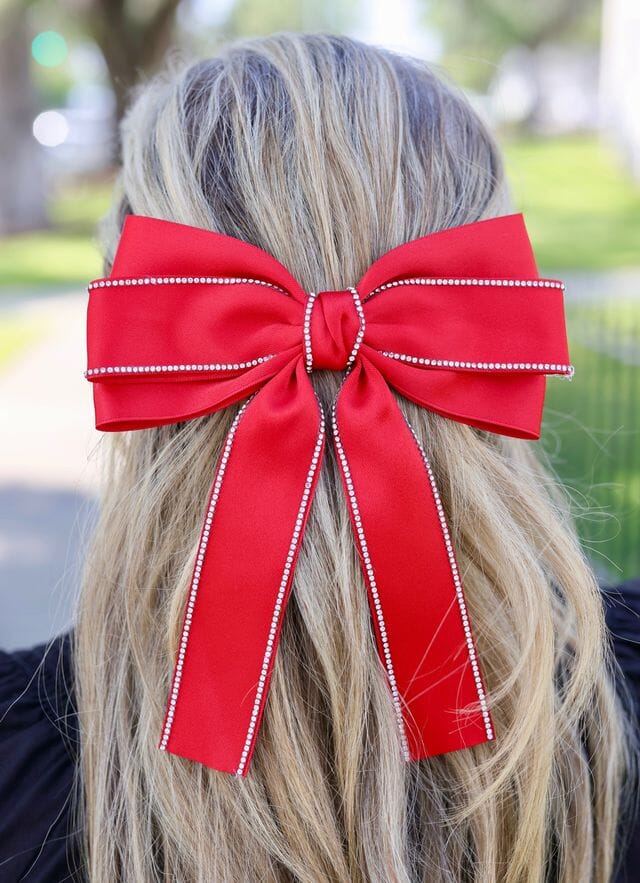 Winifred CZ Lined Hair Bow RED - Caroline Hill