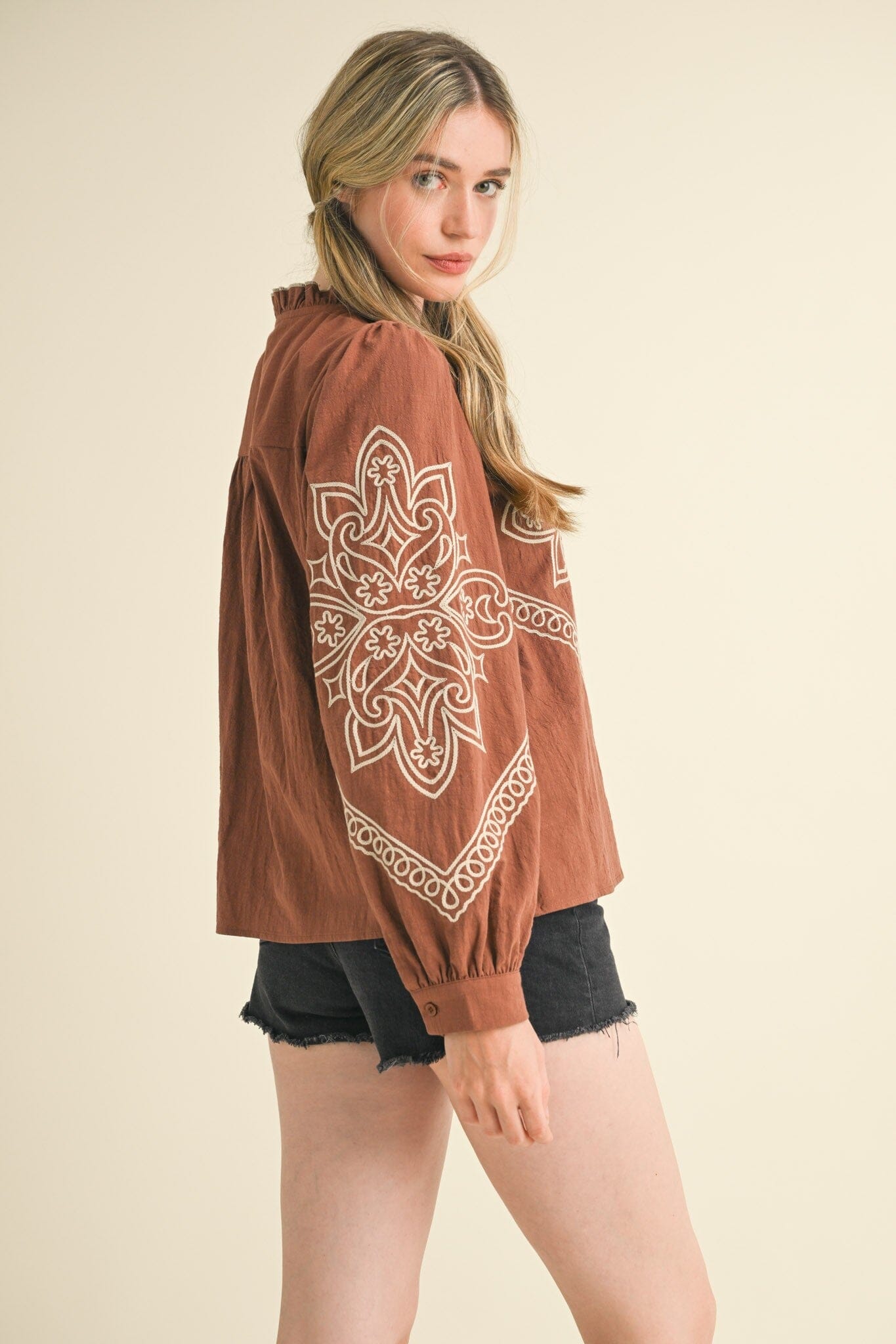 Wrangle Up Mocha Embroidered Top - Caroline Hill