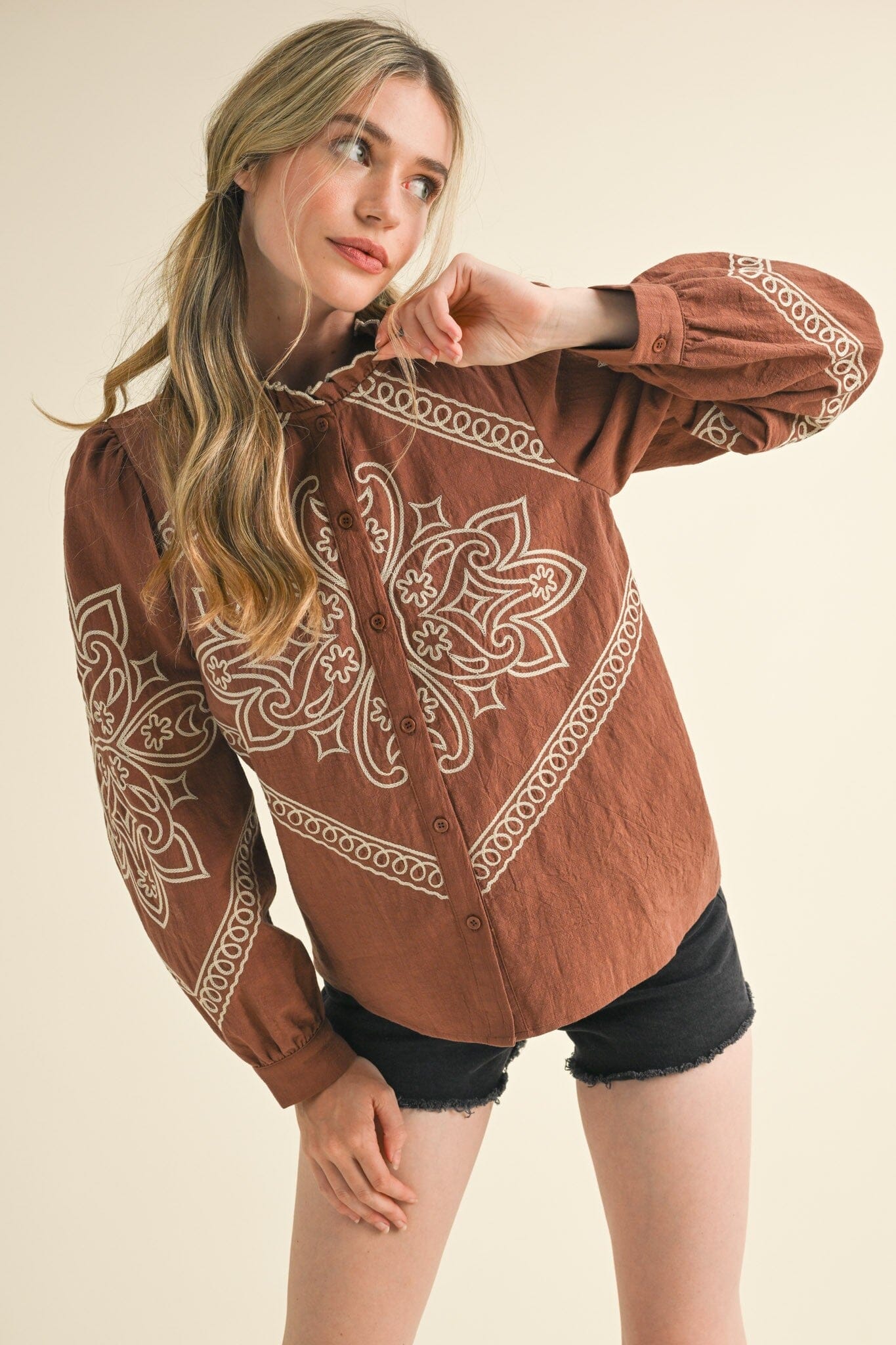 Wrangle Up Mocha Embroidered Top - Caroline Hill