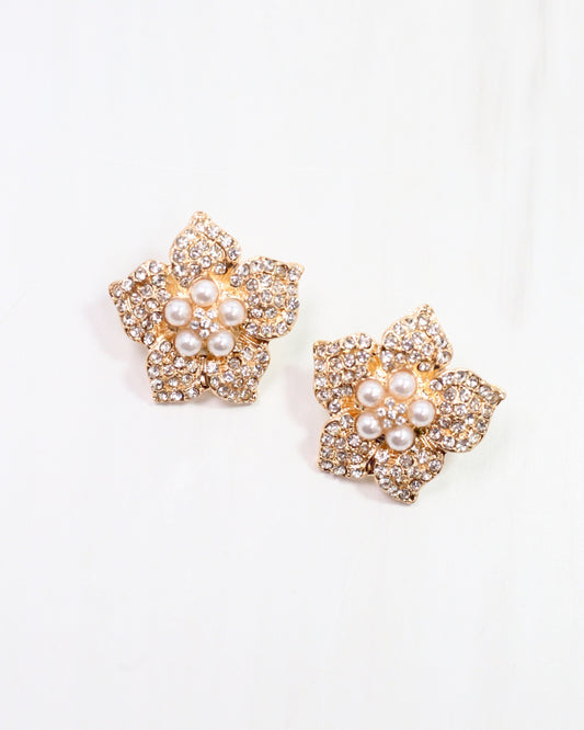 Pave Flower Post with Pearls Gold