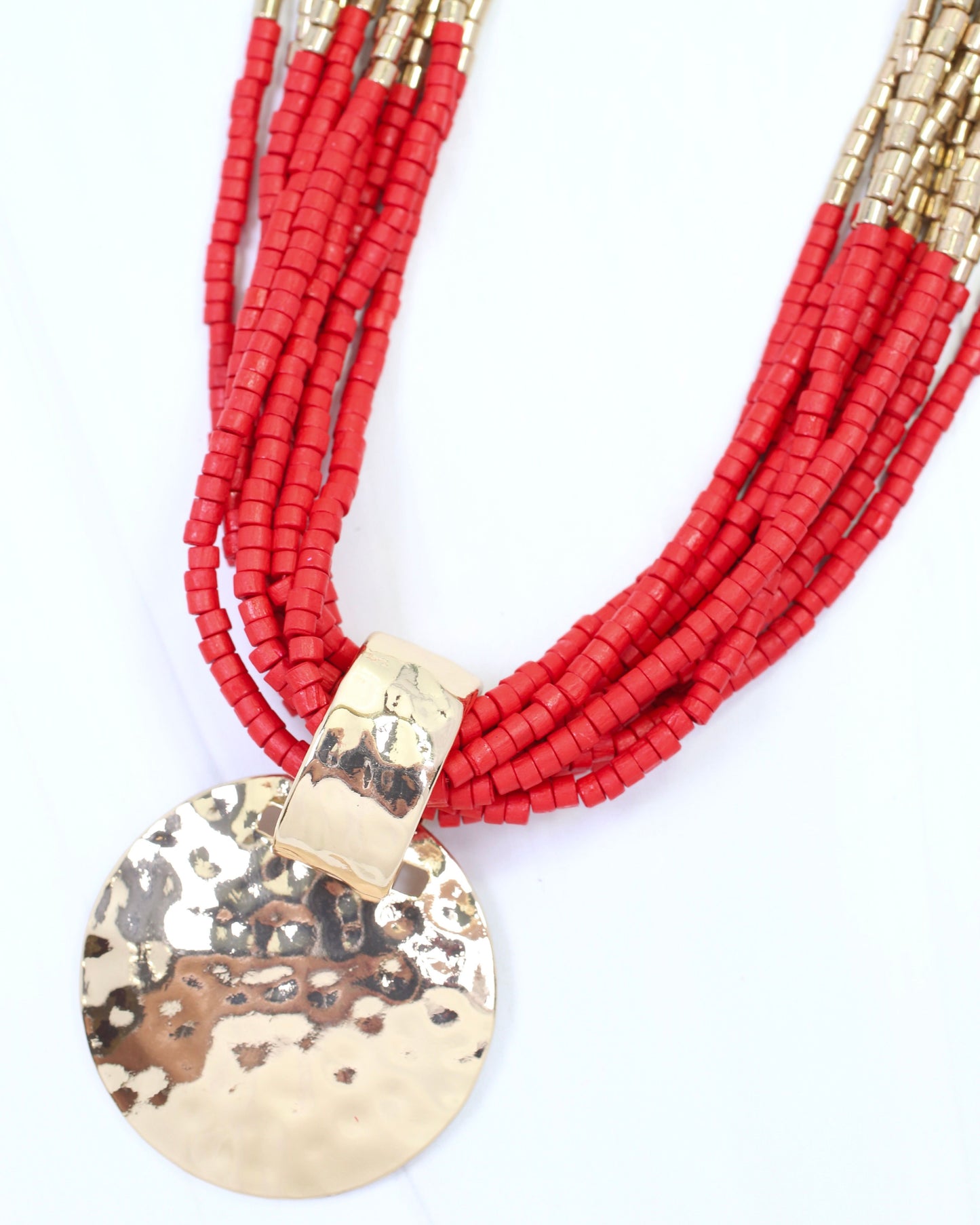 Marbella Layered Wooden Bead Necklace with Pendant Red