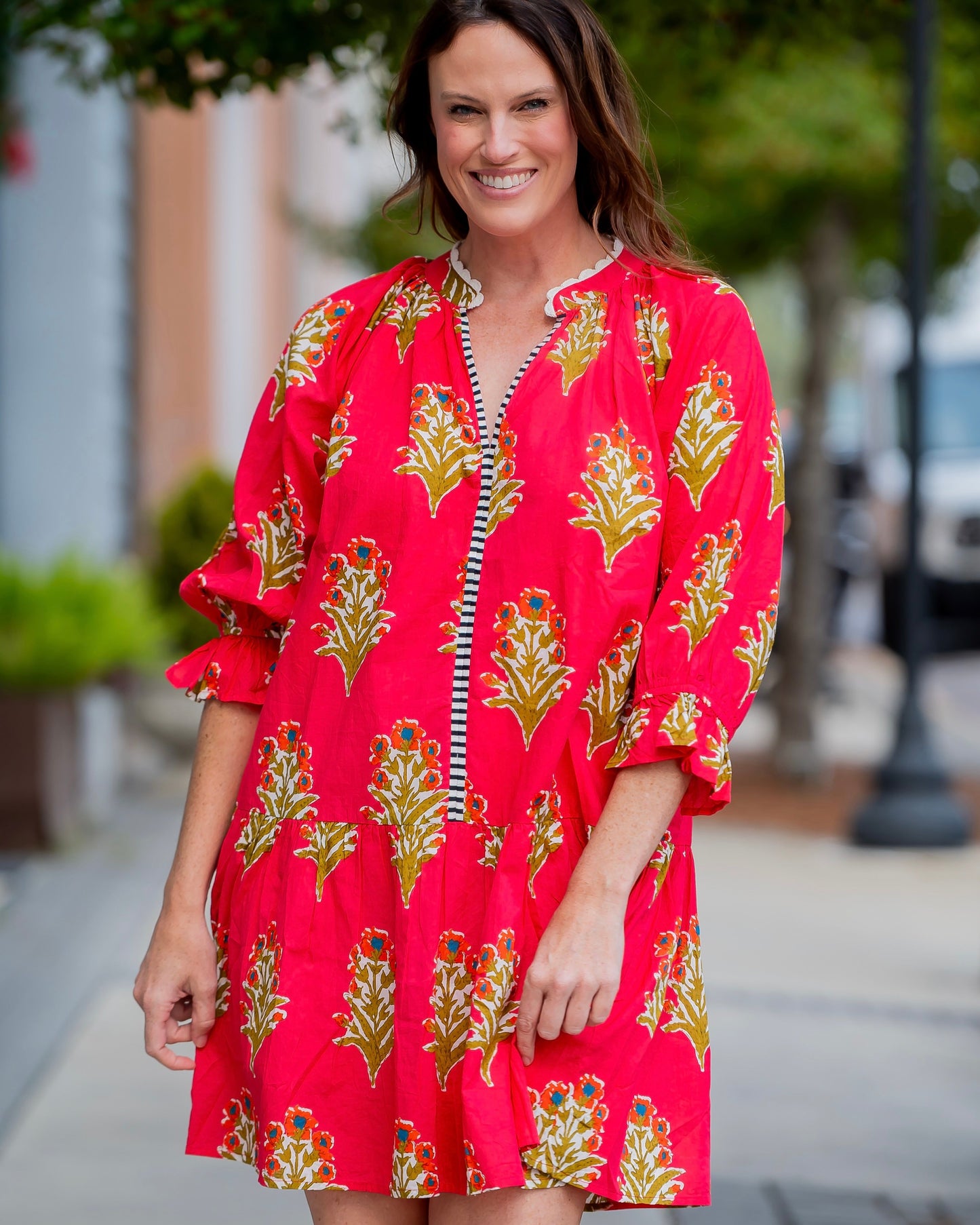 Riley Floral Print Dress-Red