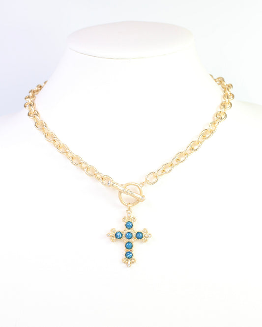 Moriah Cross Pendant Toggle Necklace Blue