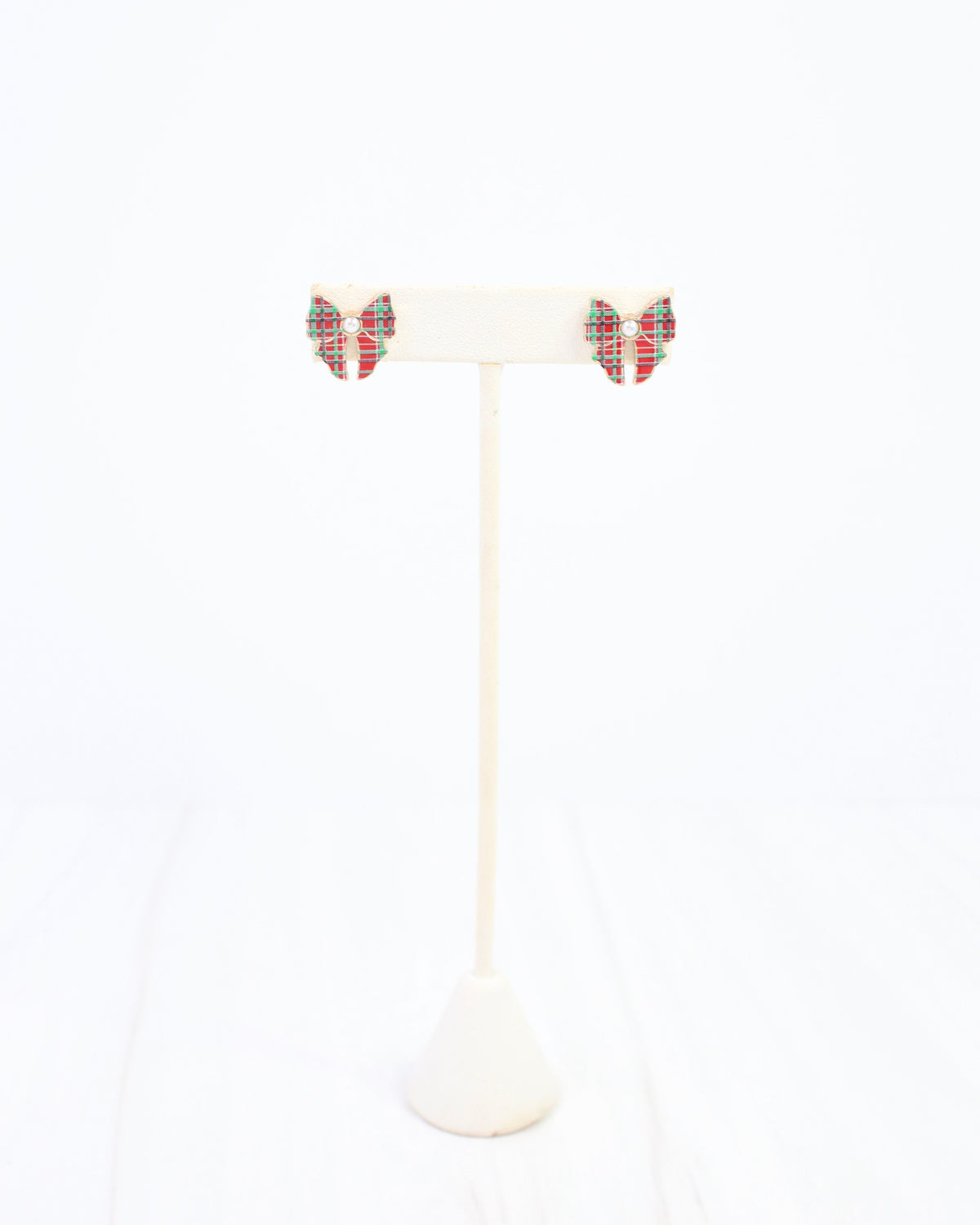 North Pole Plaid Bow Stud Earring Red Green