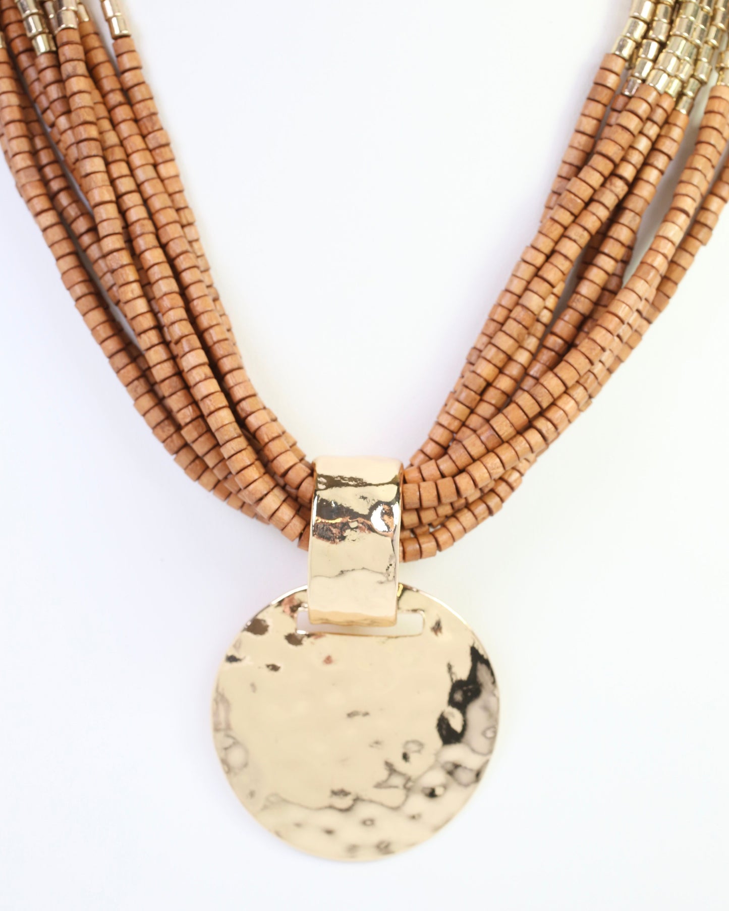 Marbella Layered Wooden Bead Necklace with Pendant Brown