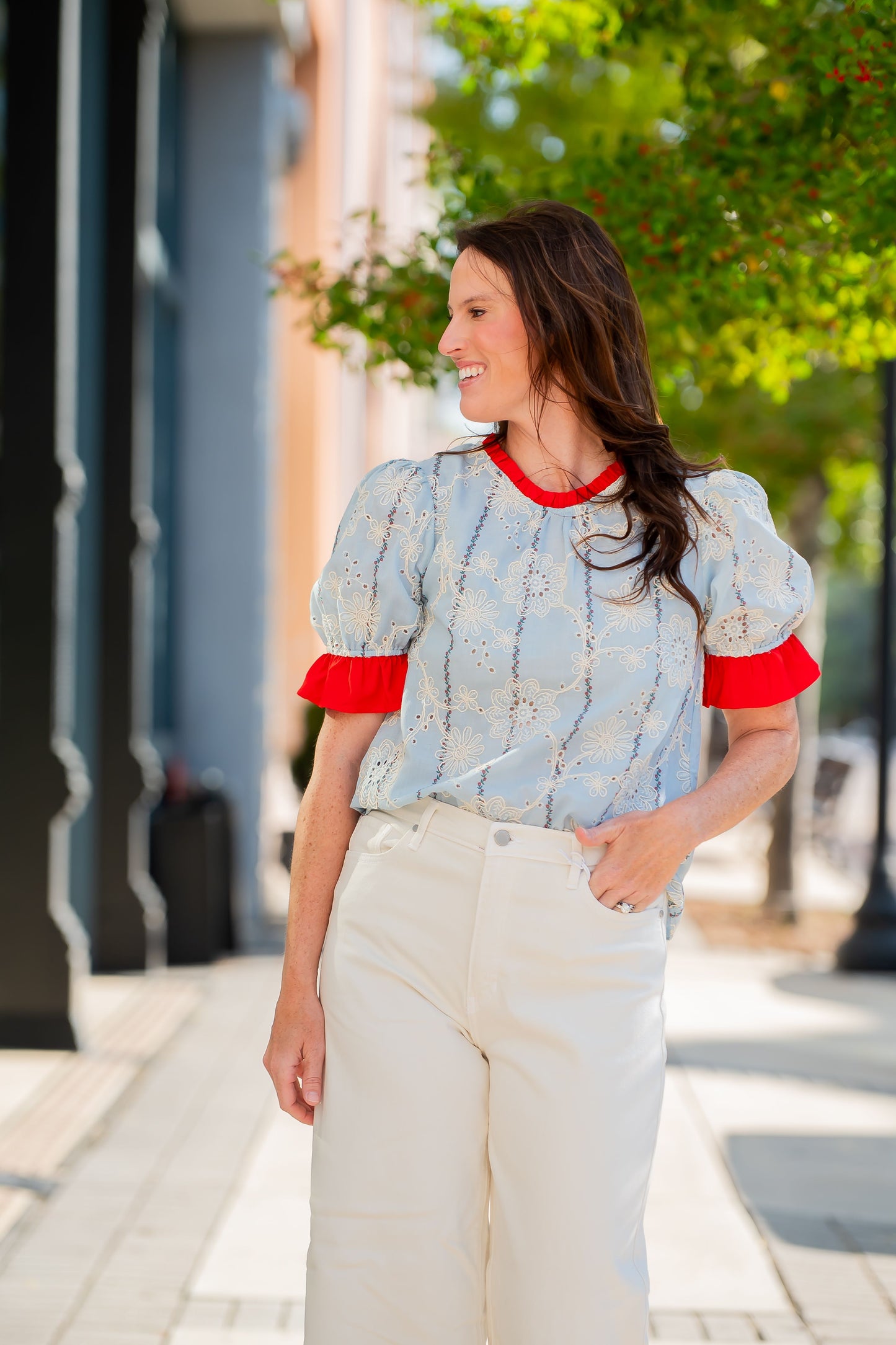 Hervie Ruffled Detail Floral Eyelet Embroidered Top