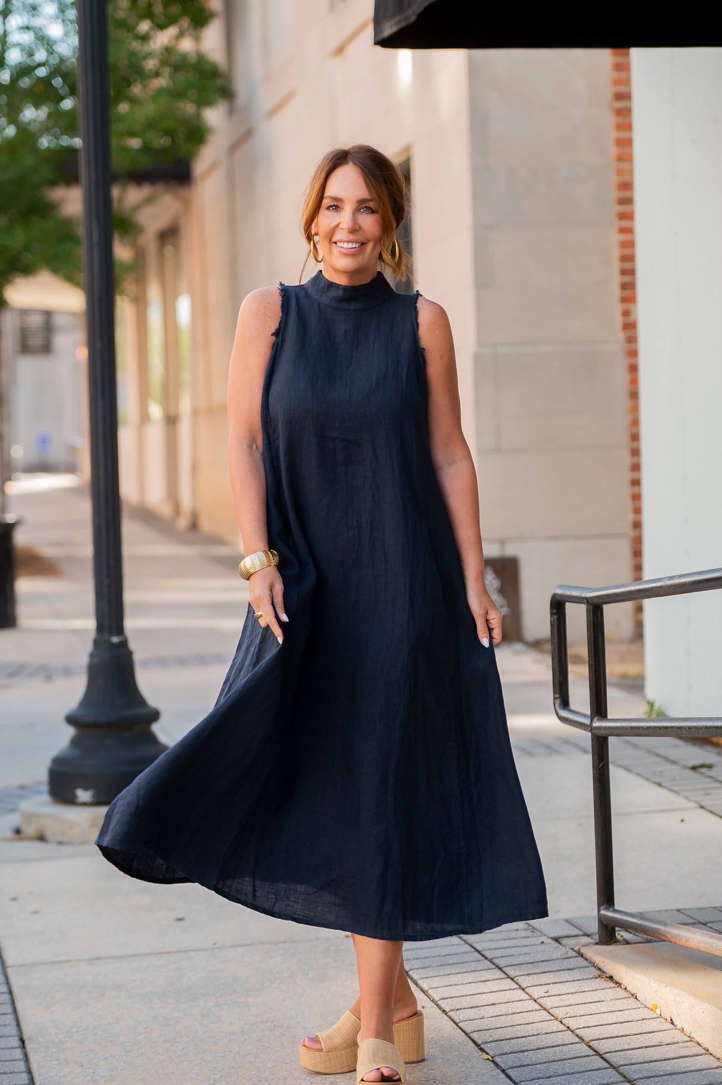 Madrid Mock Neck Linen Dress - Navy