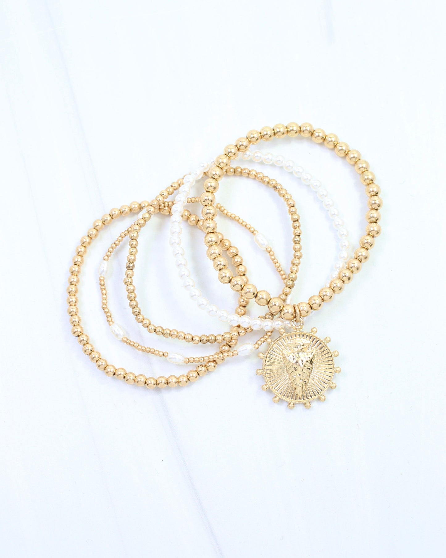 Carmen Coin Beaded Bracelet Set Arrow Worn Gold