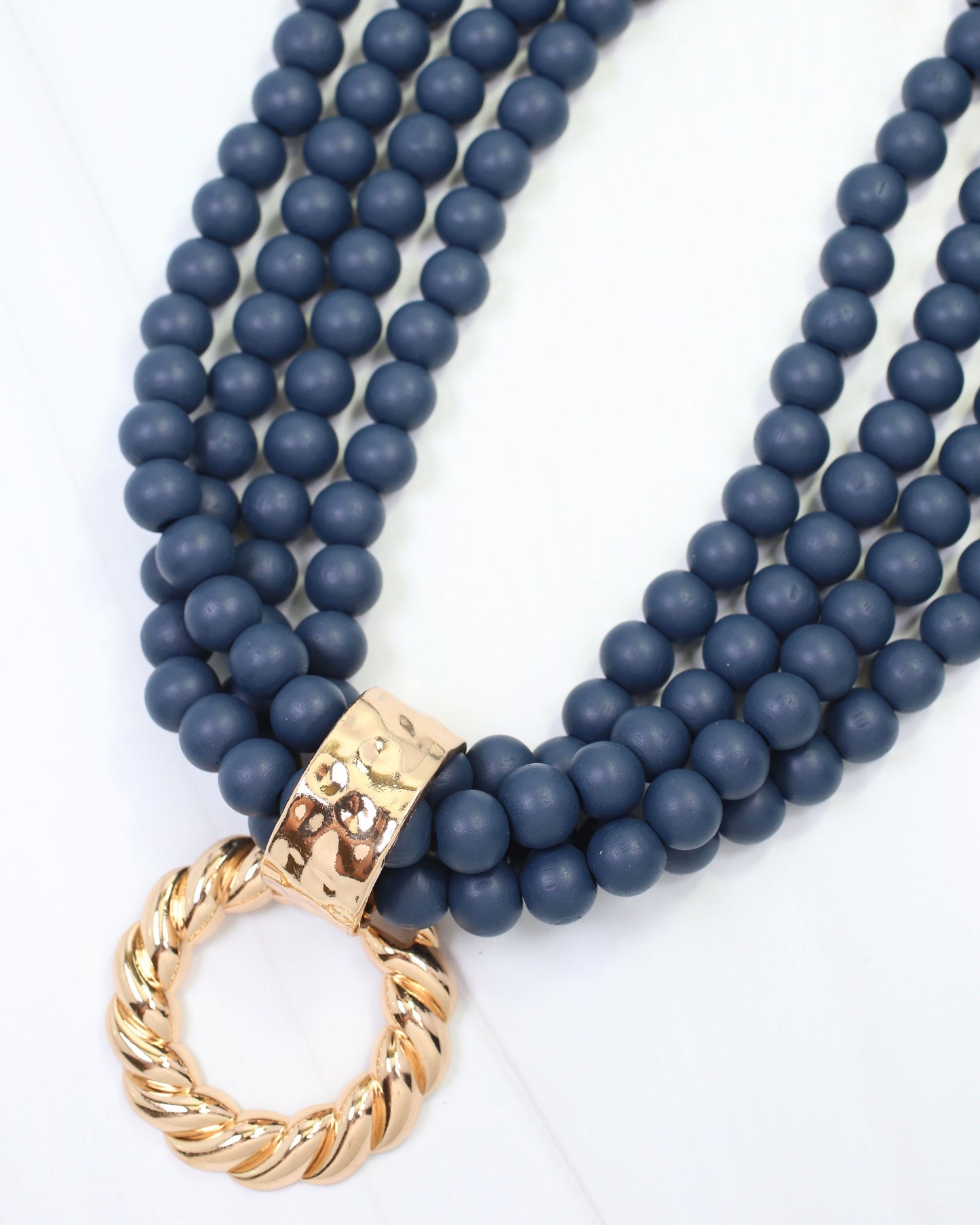 Margaux Wooden Bead Layered Necklace with Pendant Navy