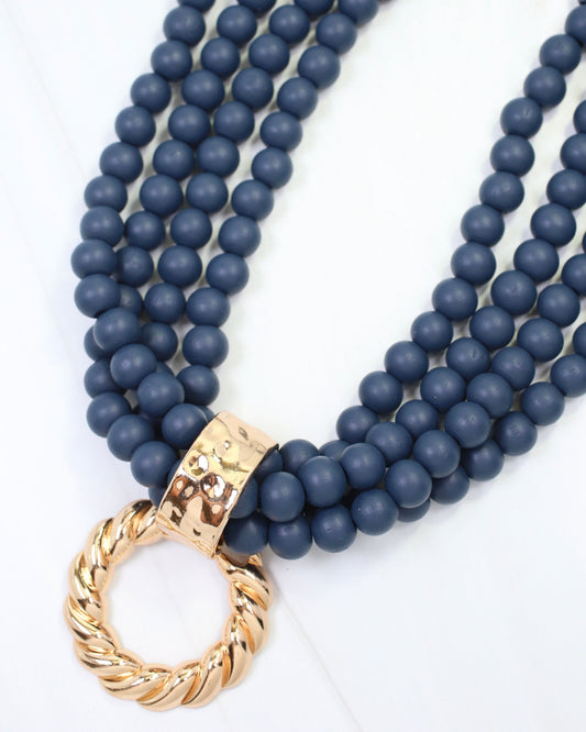 Margaux Wooden Bead Layered Necklace with Pendant Navy