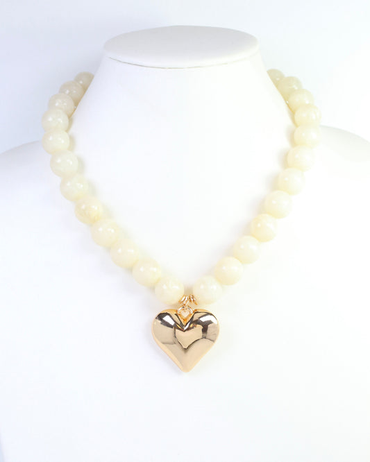 Marjorie Marble Beaded Heart Necklace Ivory