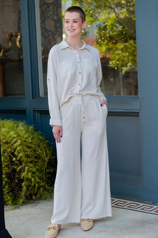 Lola Linen Long Sleeve Button Down Top-Natural