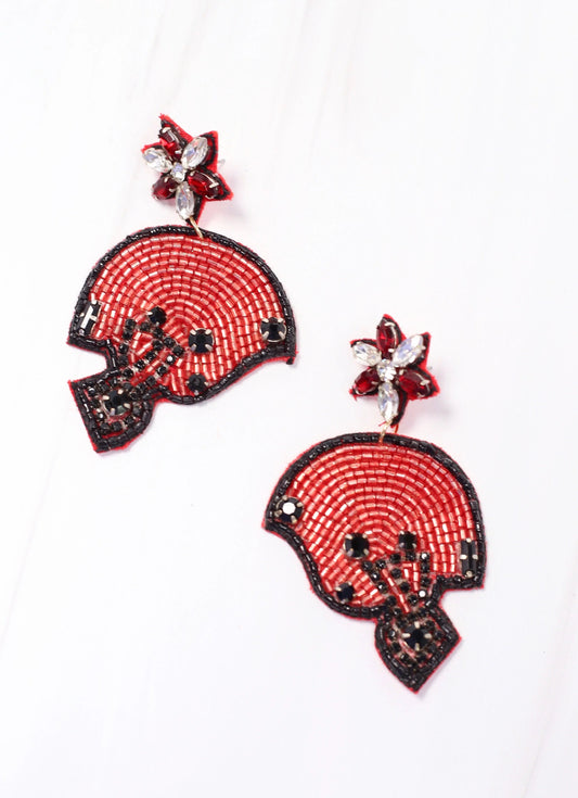 Beaded Football Helmet Earring RED BLACK - Caroline Hill