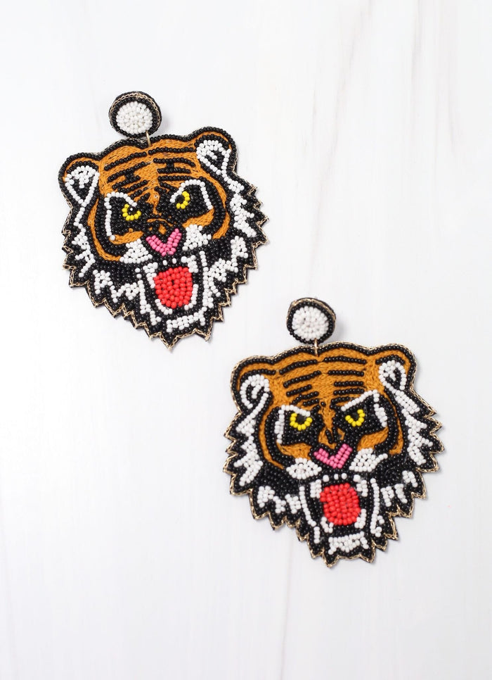 Fierce Tiger Embellished Earring TAN - Caroline Hill