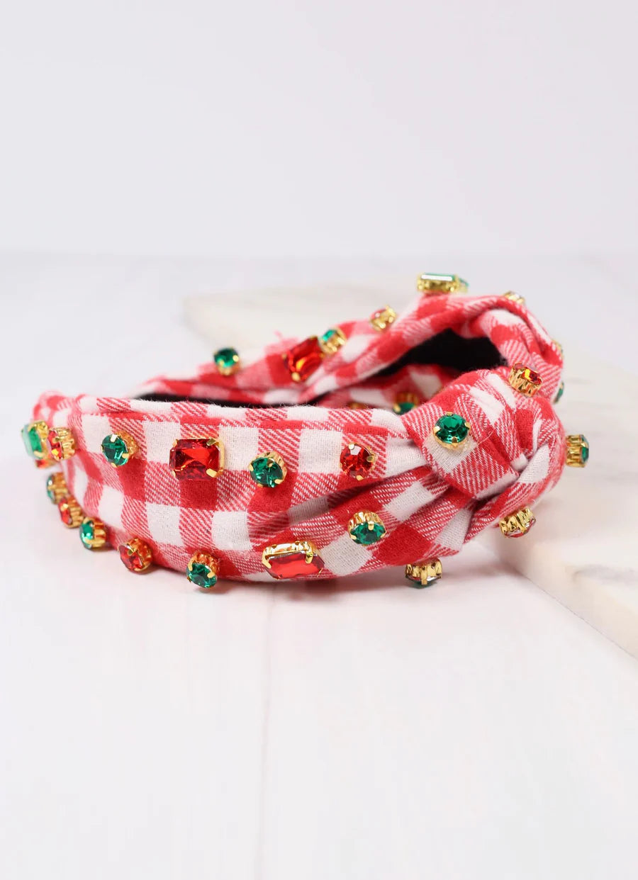 Pammy Plaid Red Jeweled Headnand - Caroline Hill