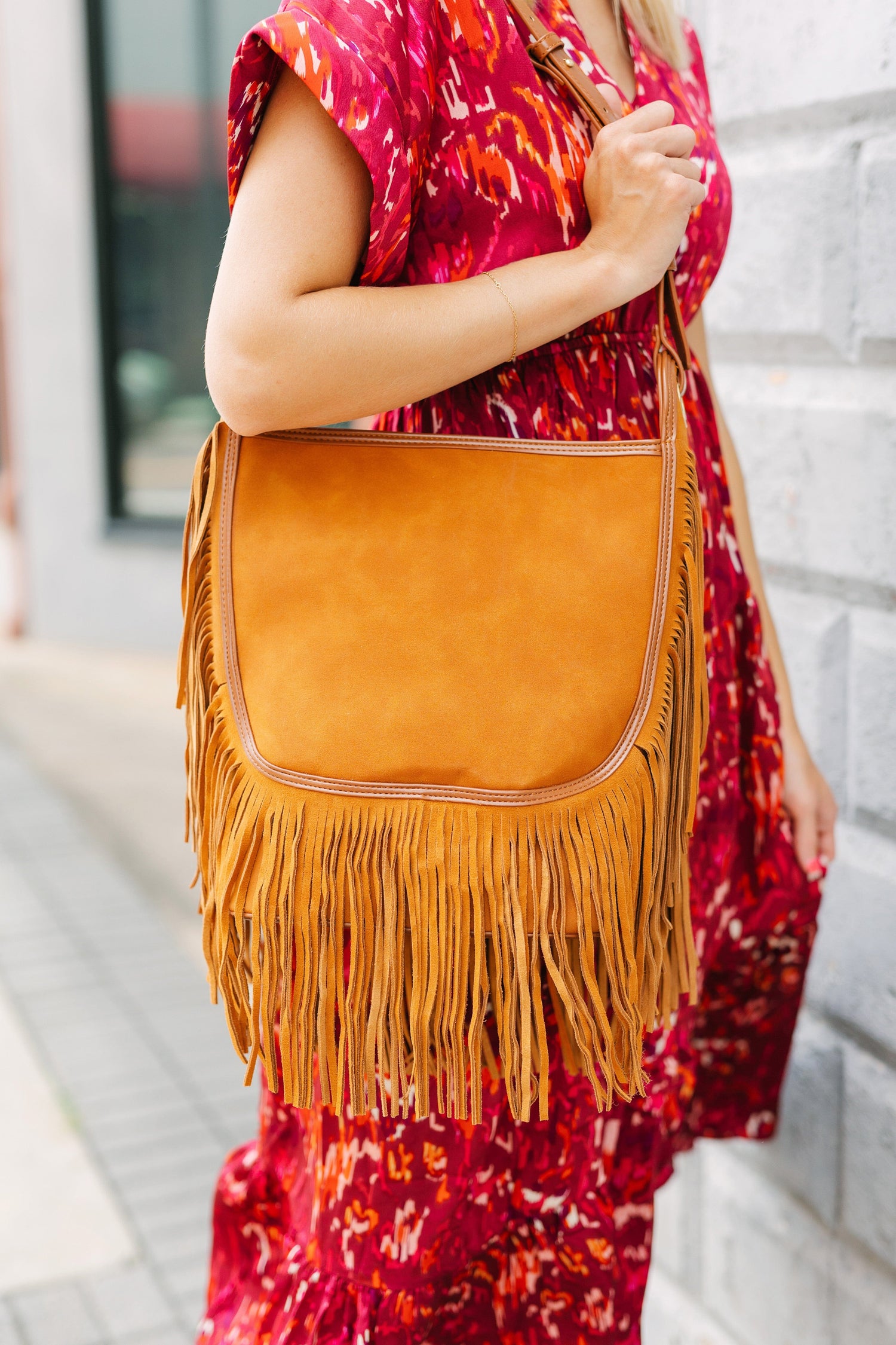 Sawyer Camel Leather Bag with Fringe - Caroline Hill